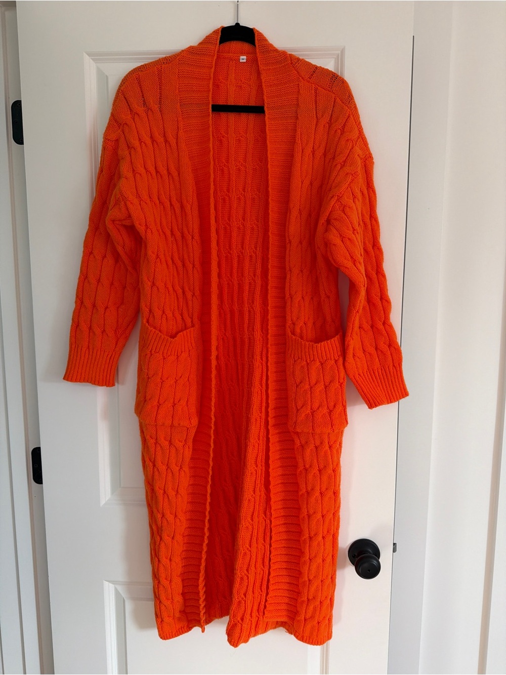 Orange Cable-Knit Long Open Cardigan Sweater